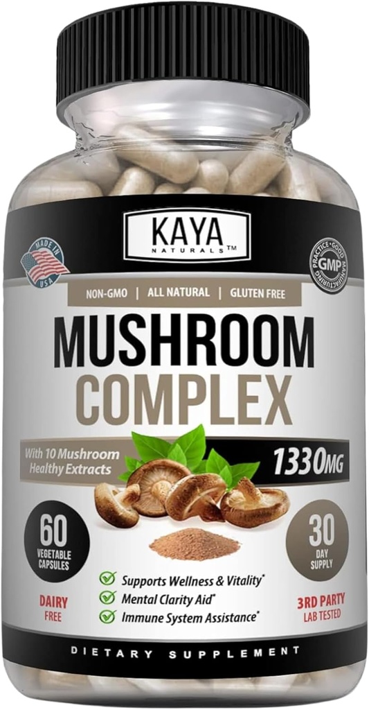 Kaya Naturals Premium Mushroom Complex Potent - Mushroom Complex Capsules 1330 mg per service - Aids 精神清晰支持免疫系统,健康与生命力 - 60 Counter