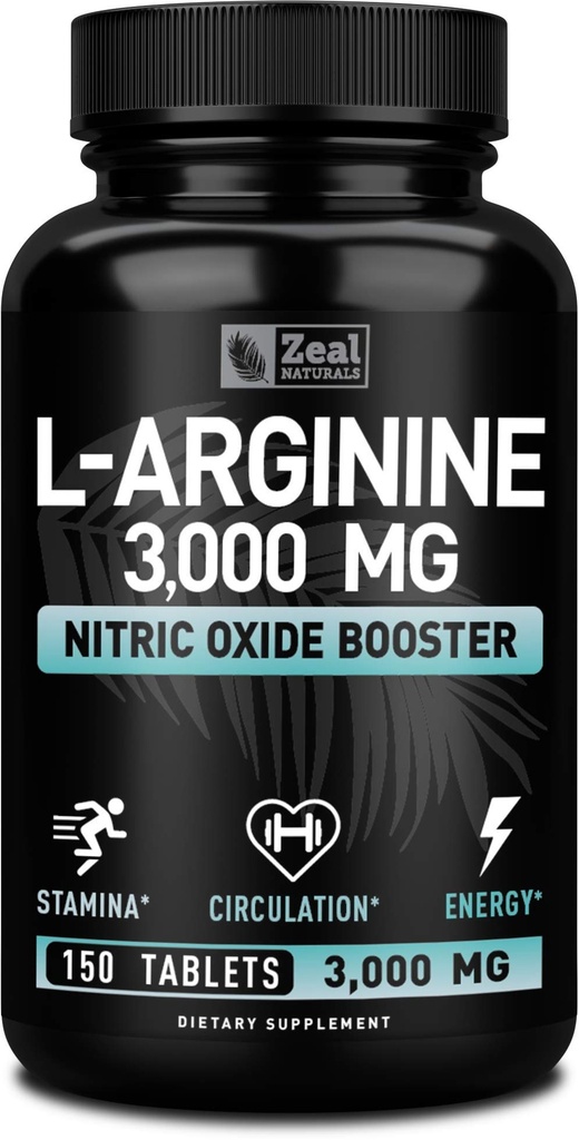 Zeal Naturals L Arginine 3000mg Capsules (150个平板电脑 + 1000mg) 支持肌肉生长、血管功能和能量的最大剂量L-Arginine 氮氧化物补充剂 - 氮氧化物助推器