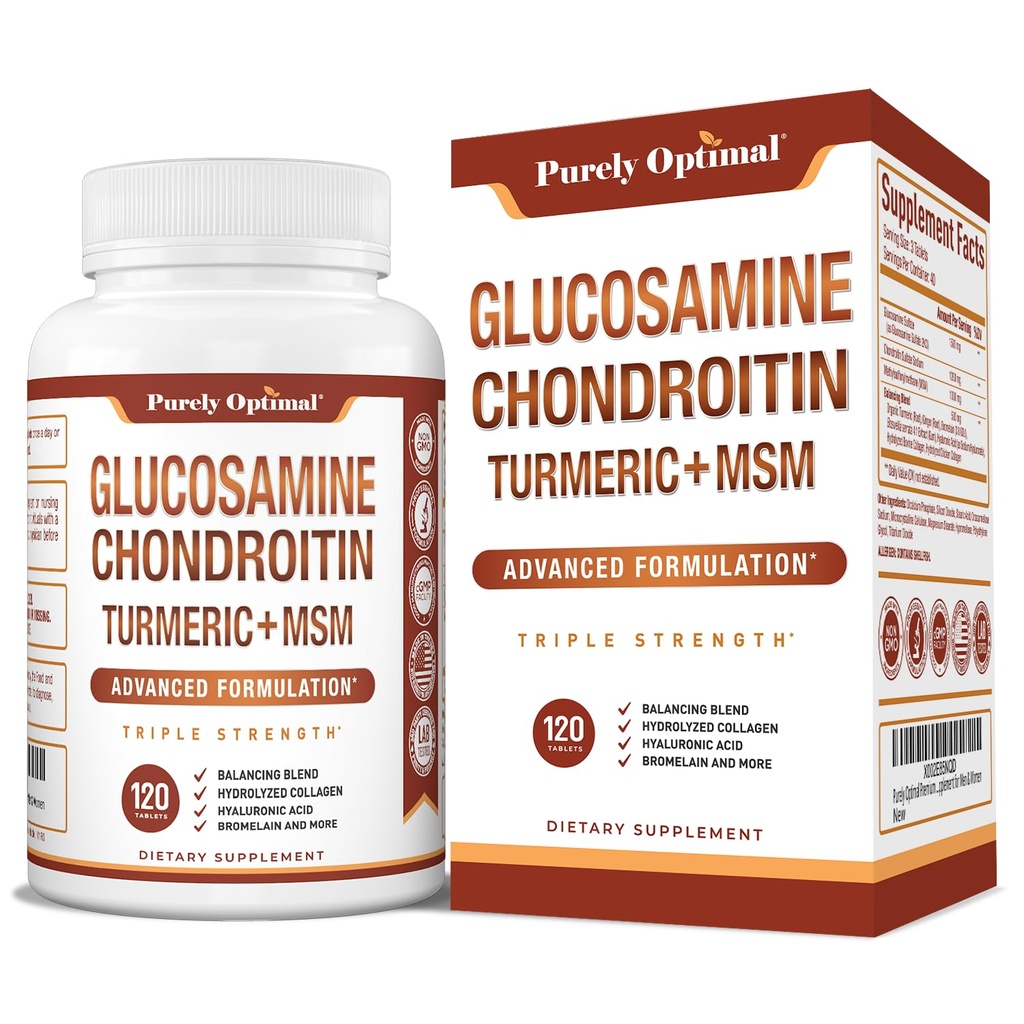 纯最佳Glucosamine Chondroitin MSM 补充 w/Turmeric & Boswellia - Glucosamine Sulfate 男女联合补充 120张平板电脑