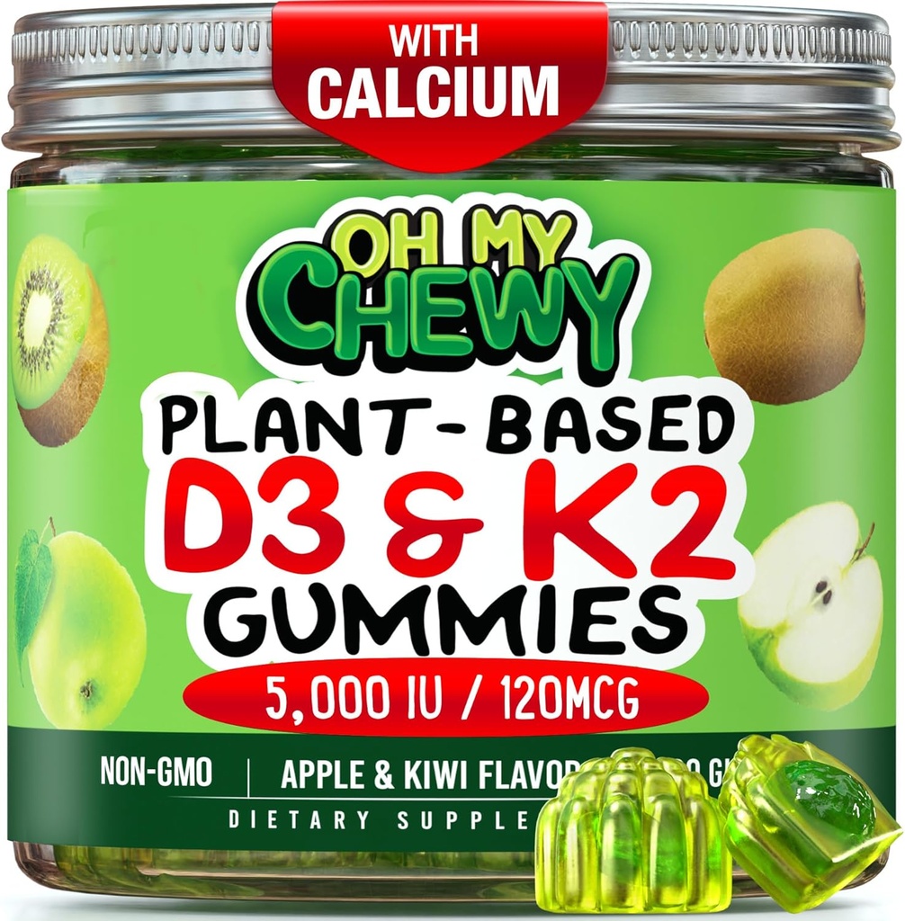 中心-填充维生素D3 K2 Gummys - 儿童,青少年和成年人 - 健康牙齿,骨骼,能量和豁免补充 - 5000 IU D3,120 mcg K2(MK-7),120 mg 钙 - Vegan & Non-GMO - 60 Counter