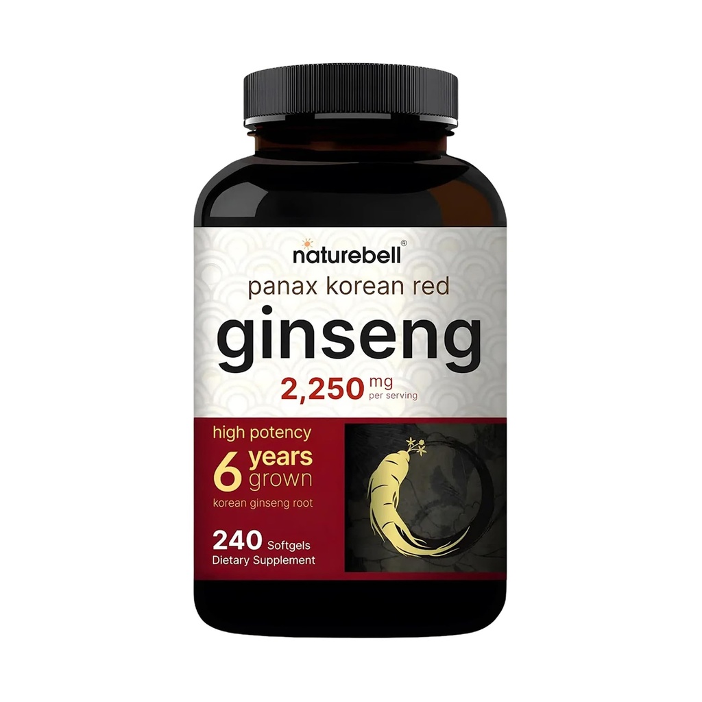 NatureBell 韩红 Ginseng 2,250mg Per Service, 240 Softgels | Panax Ginseng Root, 标准化到10% Ginsenosides, Non-GMO, 支持能源,男性性能,和免疫系统