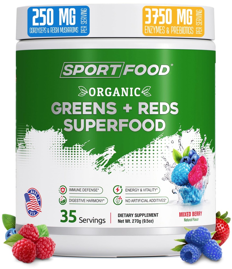 有机绿色和红丝超级食品粉 混合Berry Flavor + 25+ 超级水果和蔬菜, Beets, Prebiotics → 能量化,抗氧化剂-Rich, Keto-Friendly Smoothie Mix → 35 服务