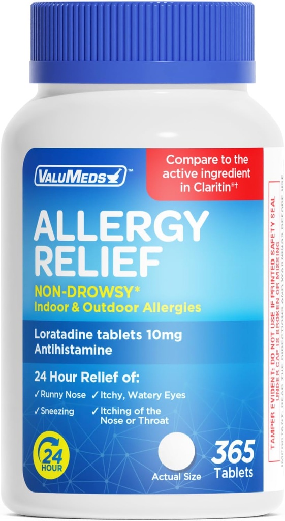 Loratadine ValeuMeds 10mg 非昏睡24Hour过敏性室内和室外救济 – 全日抗西夏胺药剂 – Runny Nose,喷嚏,Ichy, Watery Eyes – 和 Claritin – 365 片相比
