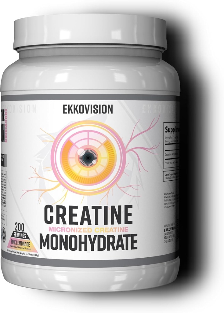 Ekkovision Creatine 单水合物粉末、微量化、粉红柠檬水、男女工作前和工作后补充、能源支助、易混合在摇摆、滑动和饮料中、200种服务