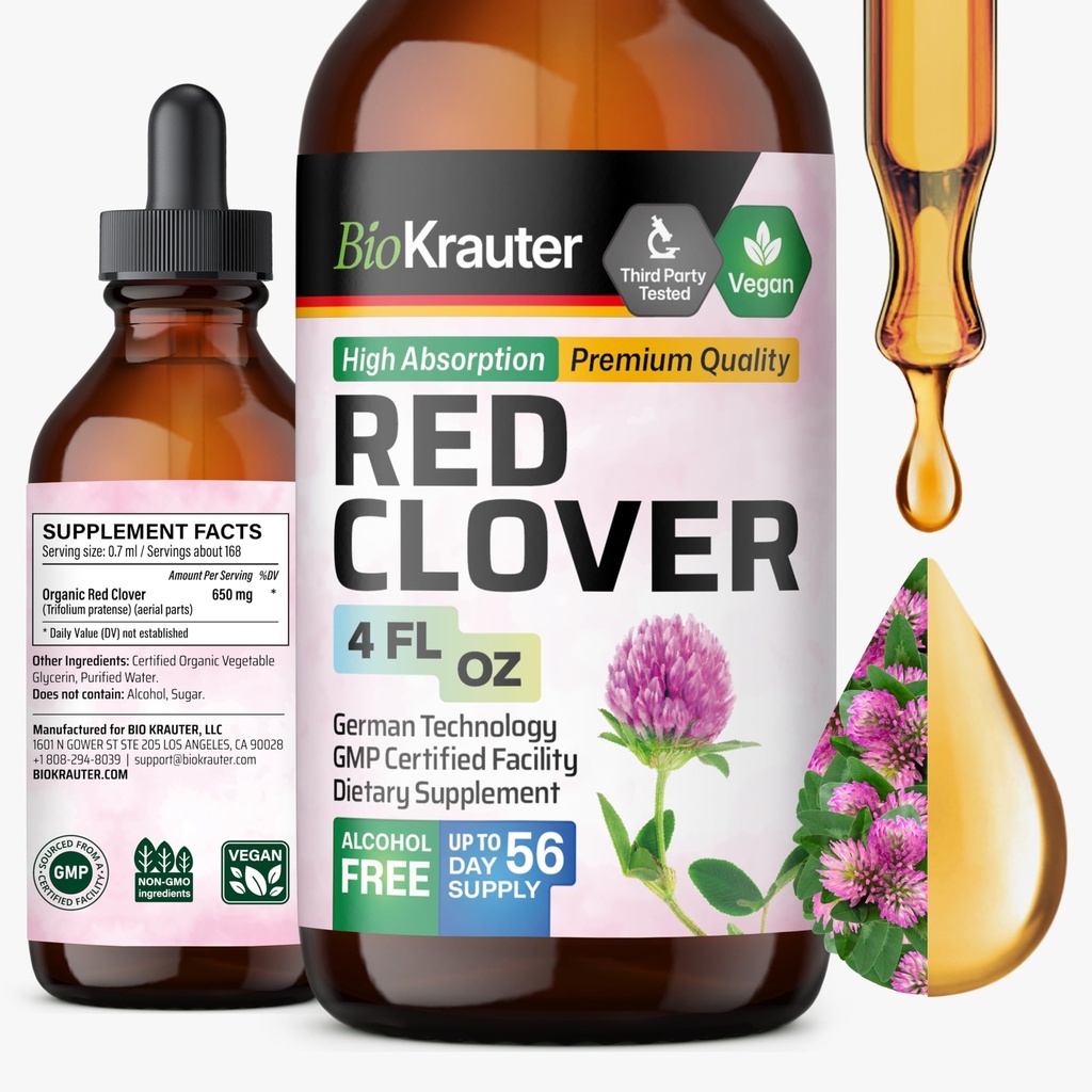 BIO KRAUTER 红色克洛弗叮当 - 红色克洛弗提取 - 液态补充 女性支持 - 无酒精和糖 - Vegan Drops 4 Fl.