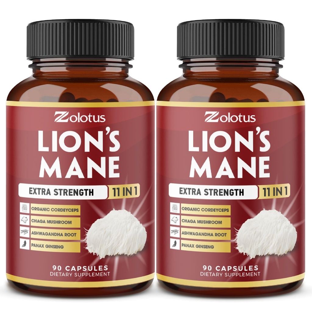 Zolotus 2 Packs 90 Capsules Lions Mane 蘑菇补充品,与Cordeyceps, Reishi, Ashwagandha , Focus, 记忆和大脑支持补充品, Immune 支持, 能量药丸的6个月供应