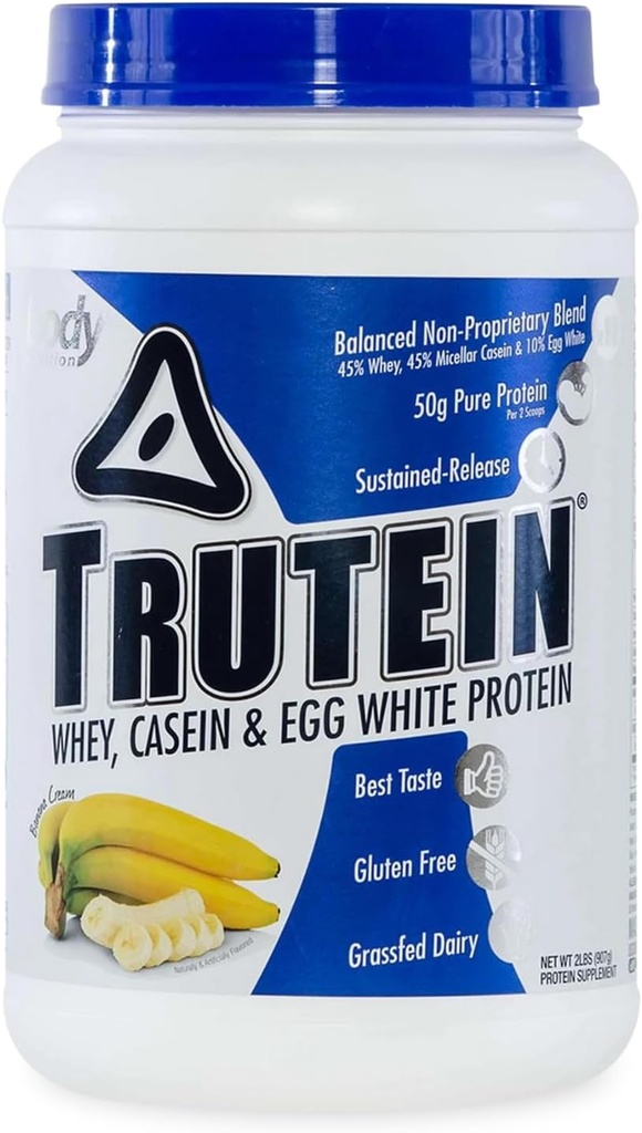 体营养 特鲁特因高蛋白粉:45% Whey,45% Casein,10% Egg White,无葡萄糖,低钠,草药Whey蛋白粉,Gym补充剂和早餐摇摆,香蕉奶油,2lb