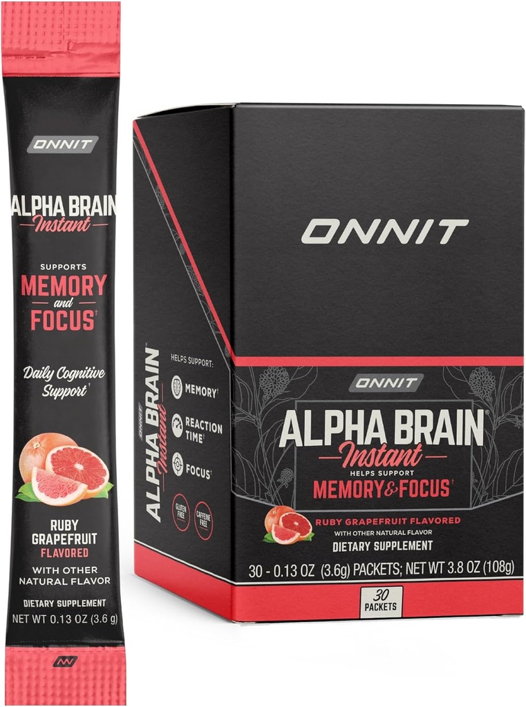 ONNIT Alpha Brain Instant - Ruby Grapefect Flavor - 诺特派大脑助推器记忆补充 - 大脑支持焦点,能量和清晰度 - Alpha GPC Choline, Cats Claw, L-Theanine, Bacopa - 30ct