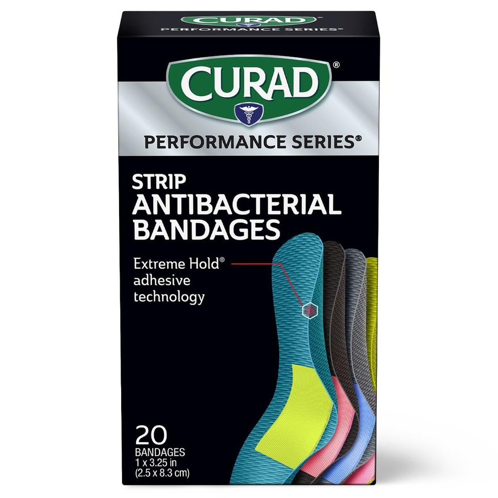 CURAD 性能系列 IRONMAN 抗菌带, 极端持有粘附技术, 标准尺寸 弹性布料带, 用于剪切, 碎屑, & Burns, 各种颜色, 1 x 3. 25英寸, 20 个计数