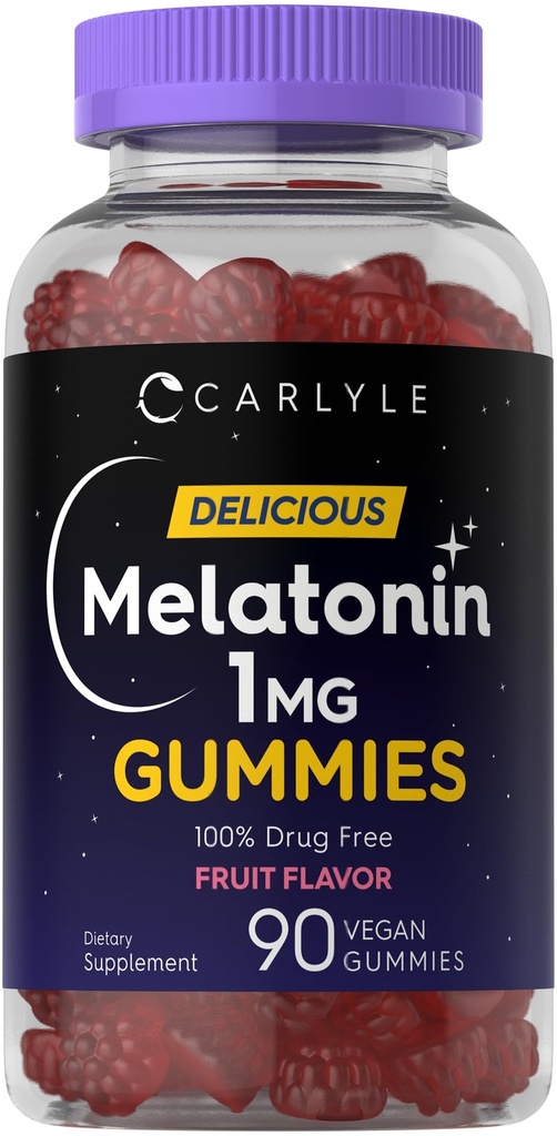 Carlyle Melatonin 1mg Gummys 90 果汁Flavor Gummy 补充 QQ Vegan, Non-GMO, Gluten Free(英语:Gluten Free)