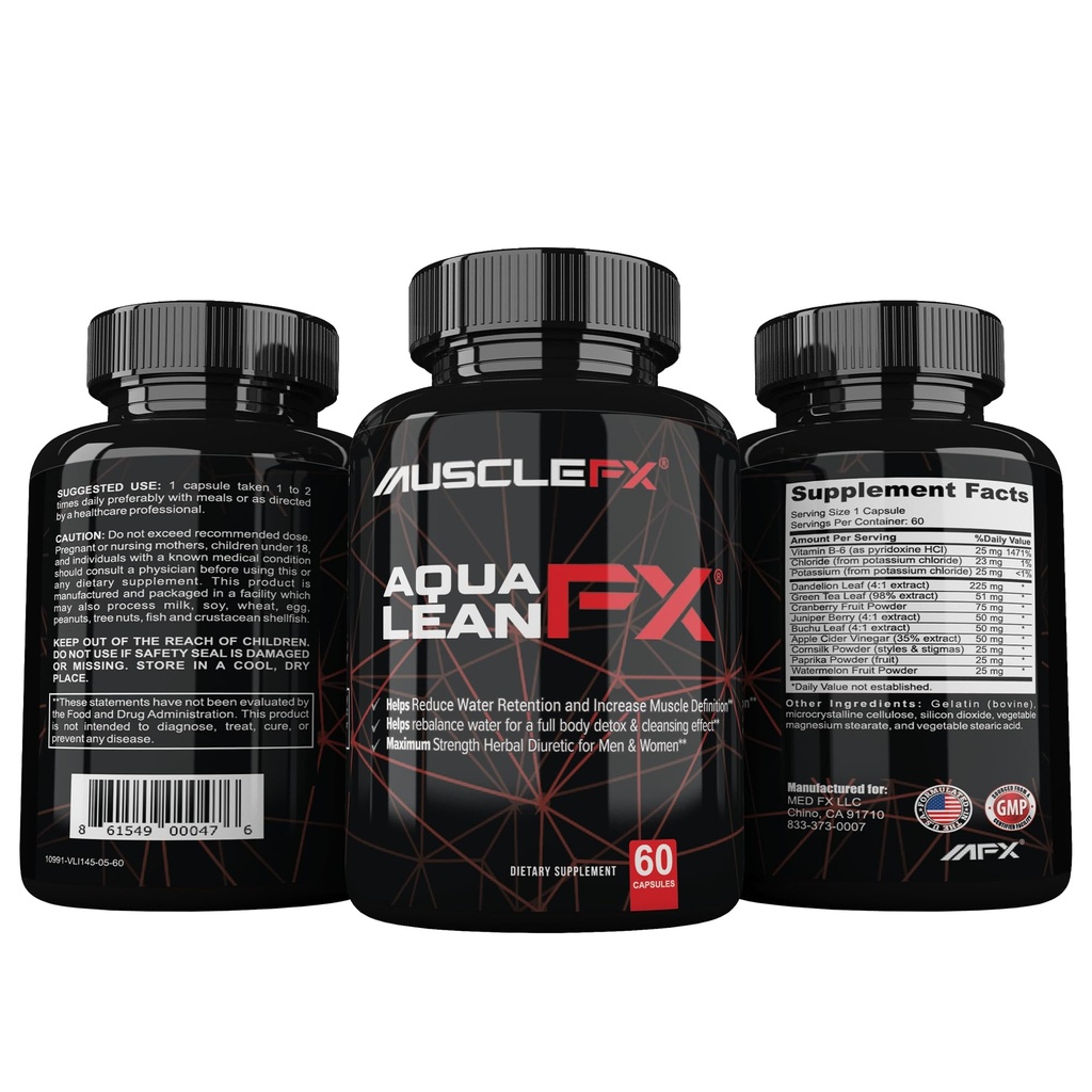 Aqualean FX 最大强度水分径药剂,用于保留水和对男女的精液肌肉脱臼,60卡普勒
