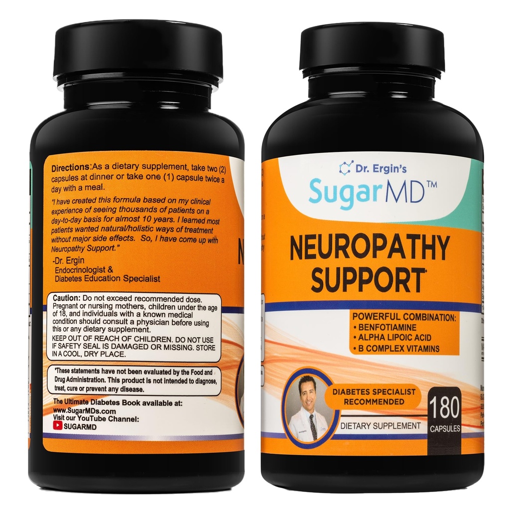 SugarMD 神经病支持补编 — 180 Nerve 补充 Capsules 配有 Alpha Lipoic Acid, Benfotiamine 和 Vitamin D3 B6 B12 — 脚手手指和腿的神经病支持补编 — 90天供应