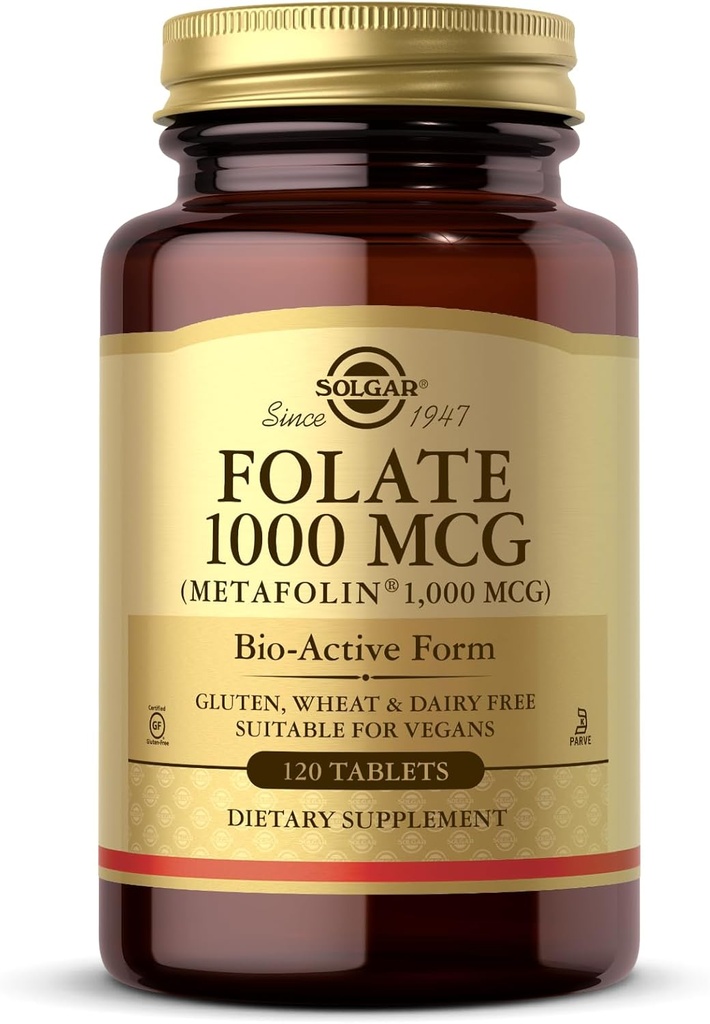 Solgar Folate 1000 mcg - 120 mcg 生物活性Metafolin - Vegan, Gluten Free, Dairy Free, Kosher - 120 服务