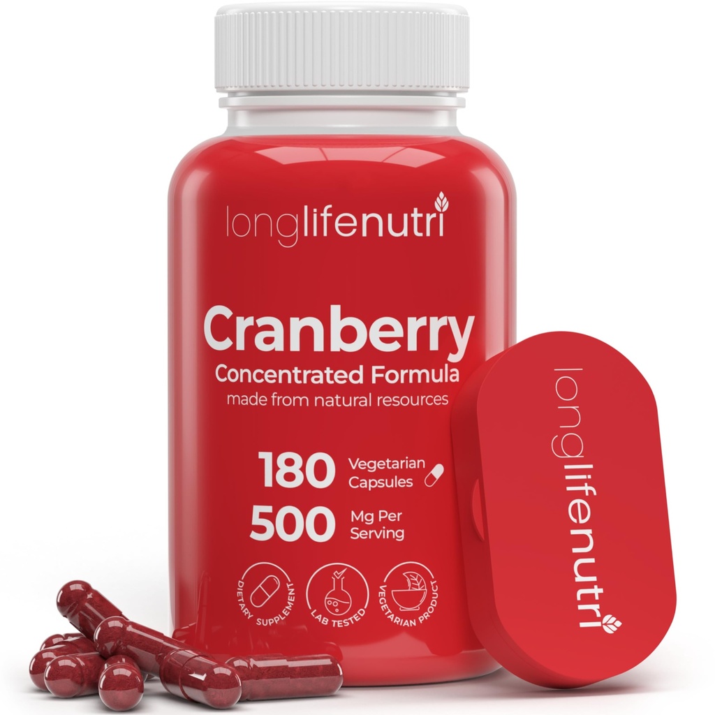 LongLifeNutri Cranberry 提取的维生素C & E -- -- 纯集中配方,每服务500毫克,180个蔬菜卡普勒斯, Urinary Tract Health & Bladder,6个月供应,美国制造