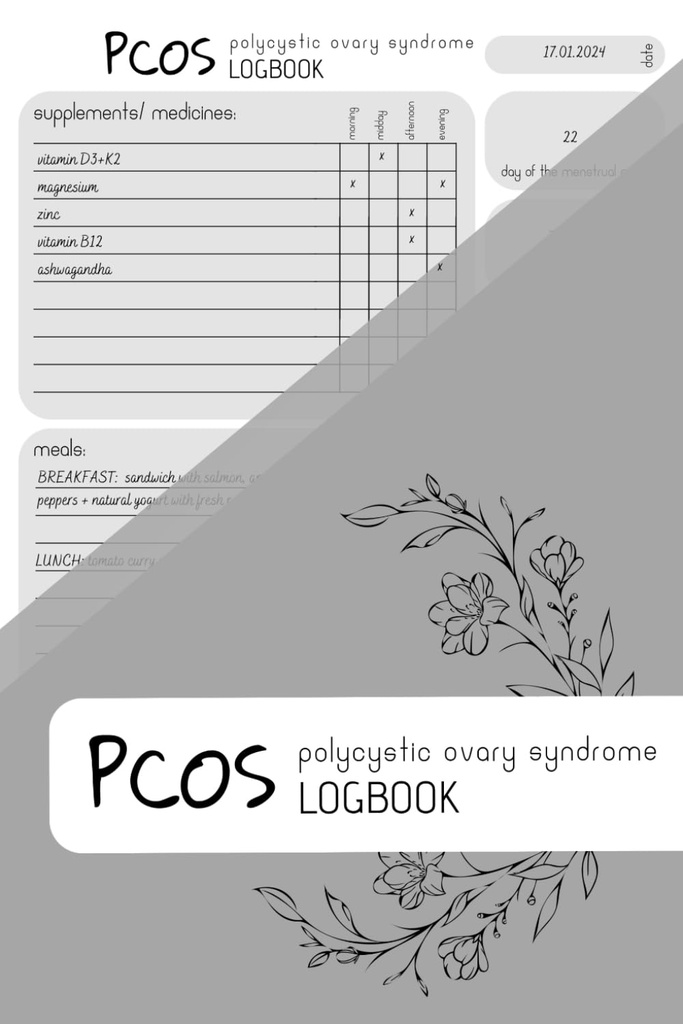 PCOS LOGBOOK: 补充跟踪器, 餐具计划器, 周期跟踪器, 150页, 6x9 in, 最小化设计