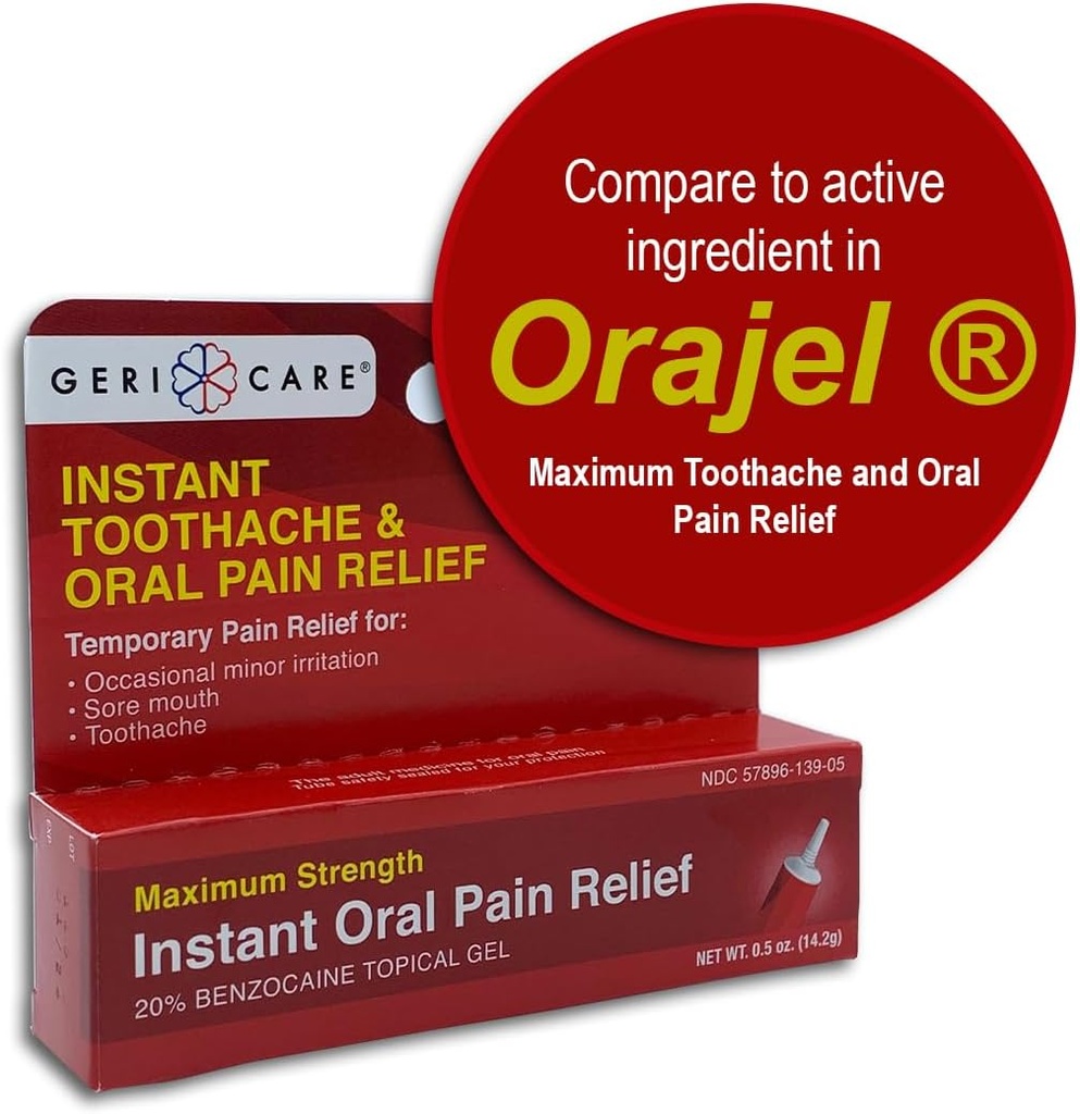 GeriCare Benzocaine 20% 最大强牙和口服即时止痛药 Gel 0.5 oz. 牙膏、口服刺激、感应和口服止痛药快速疗效