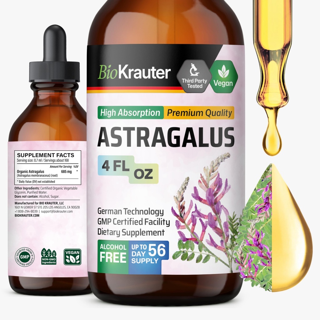 BIO KRAUTER Astragalus Tincture - Astragalus 根提取用于免疫支持 - 无酒精和糖 - 高吸收 - Vegan Drops 4 Fl.Oz.