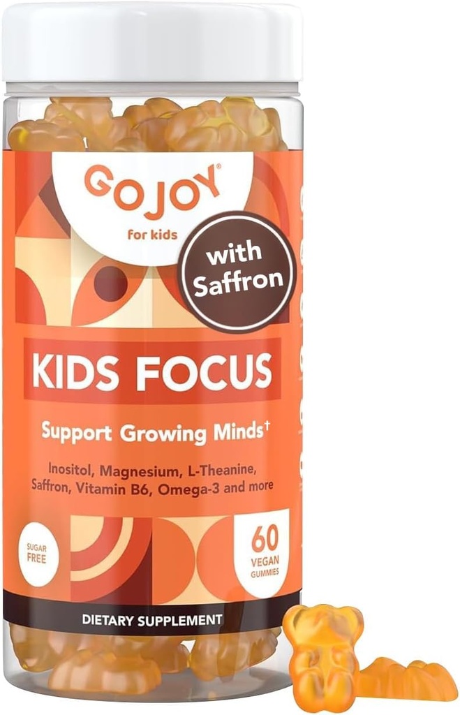 儿童焦点Gummys - 7-in-1 儿童与青少年的焦点和关注补编w/Saffron Extract,镁Glycnit,L-Theanine,Inositol & More - Vegan,Gluten & 无糖,非GMO