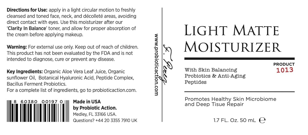 (原始内容存档于2018-09-25) (英语). Probiotic Action® Light Matte Moisturizer - Probiotic help 预防阿肯,罗莎西娅和埃塞马. 蛋白质和Peptide保持了清澈皮肤的光泽,柔软,紧凑.