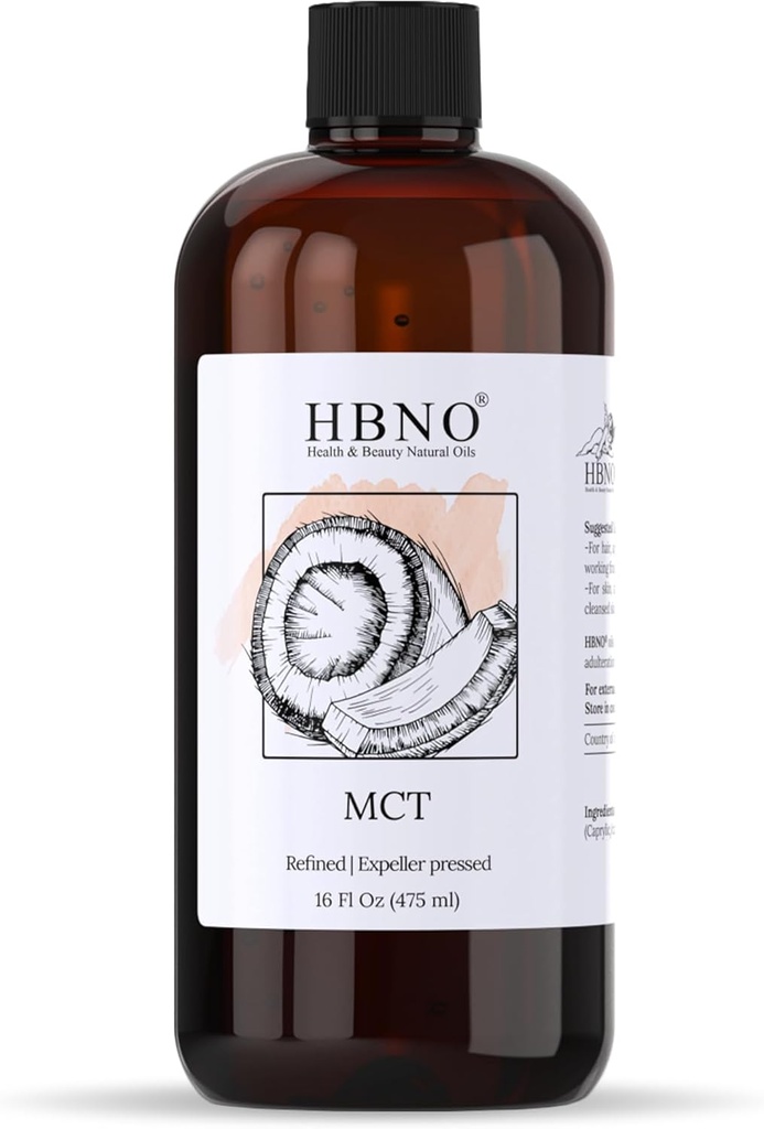 HBNO California Bottled Coconut Mct Oil 16 fl oz(475ml) 价值大小 - 天然Mct Oil, 冷压 - 完美的弥撒载体, Aromathery - 面部,身体,唇,和头发的理想