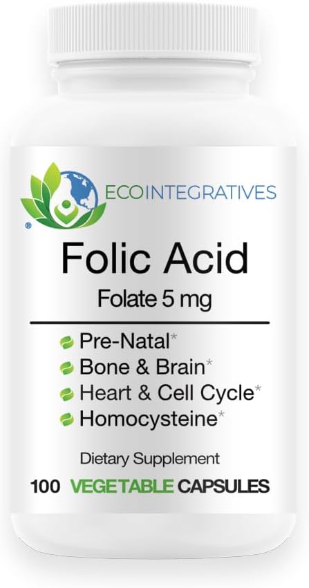 叶酸 5mg(B9) 产前、生殖健康、同族体、代谢、心血管、骨骼、免疫支持、Allergen Free、非转基因生物-100 Vegan Capsules