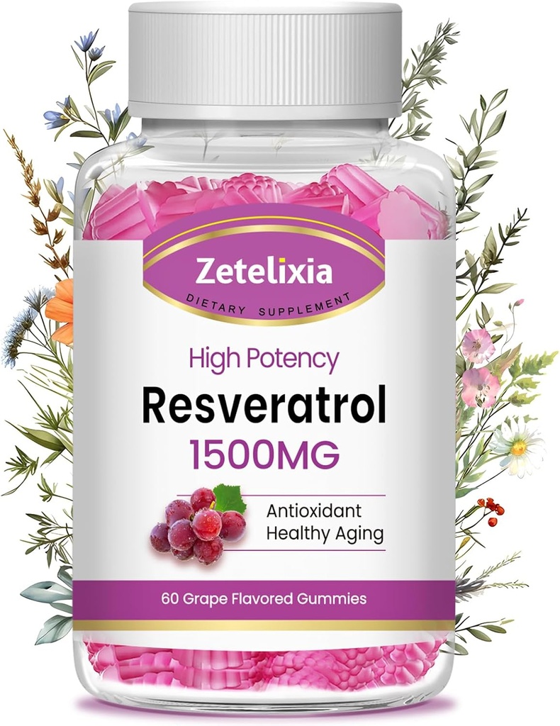 不含糖的Resveratrol Gummys - 抗氧化剂的高纯度Resveratrol补充剂,健康老化,皮肤,大脑,有机-60 Gummys