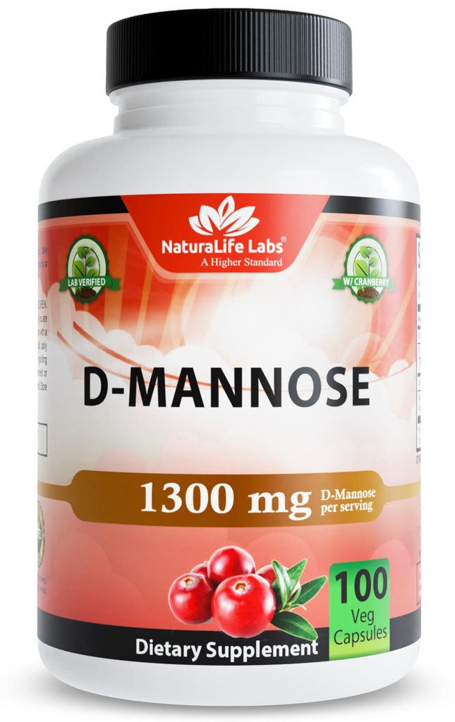 NaturaLife Labs 有机D-Mannose 1300 mg 与有机Cranberry 提取器 100 mg 每种服务 – 100 capsules – 非GMO, Gluten-Free, Vegan