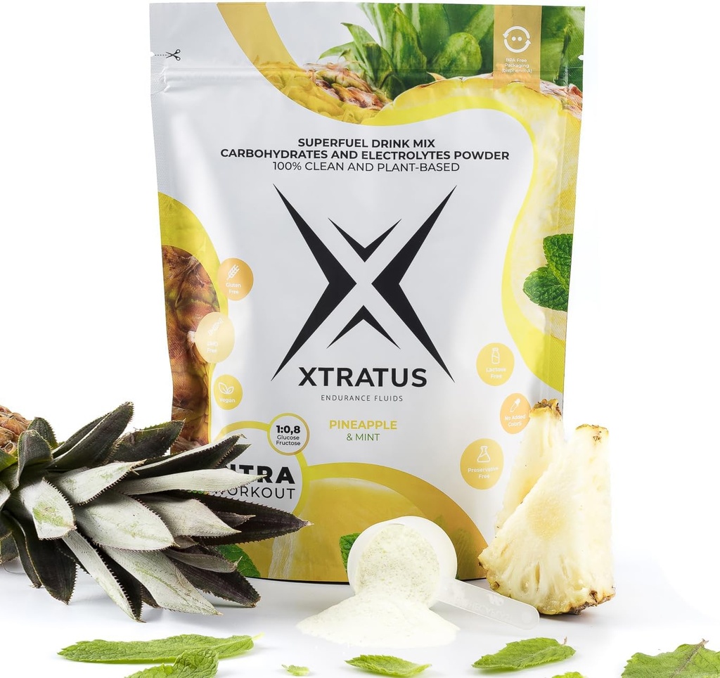 Pineapple and Mint - 配有碳水化合物和电解质的Intra训练补编. 超级燃料饮料混合剂 1:0,8(葡萄糖:葡萄糖). 真正的水果,维根 - 35,27奥兹。