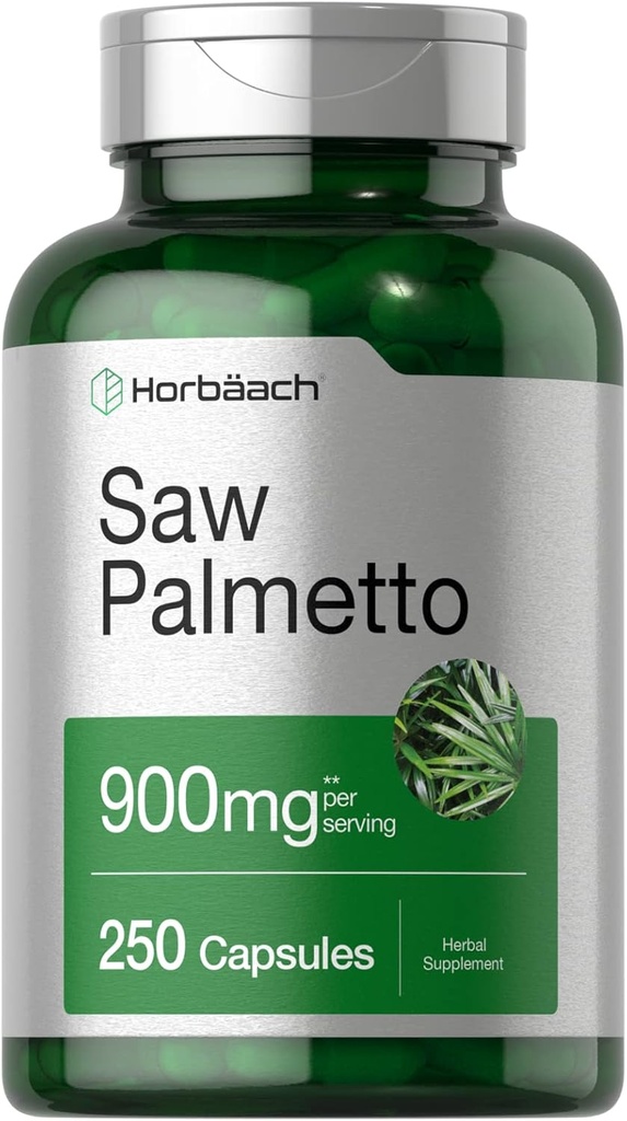Horbäach Saw Palmetto 解析 → 900 mg → 250 Capsules → Non-GMO 和 Gluten 自由公式 → 传统草药补充