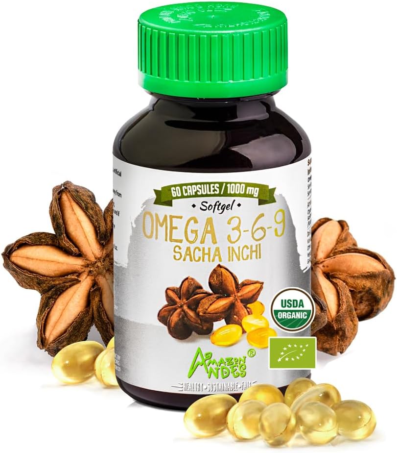 Andes Sacha Inchi Capsules (Plukenetia volubilis) - Omega 3, 6, 9 具有基本脂肪酸的来源 - 无味和可持续来源 - 大脑功能支持器 - 60 软胶药(1 000毫克)