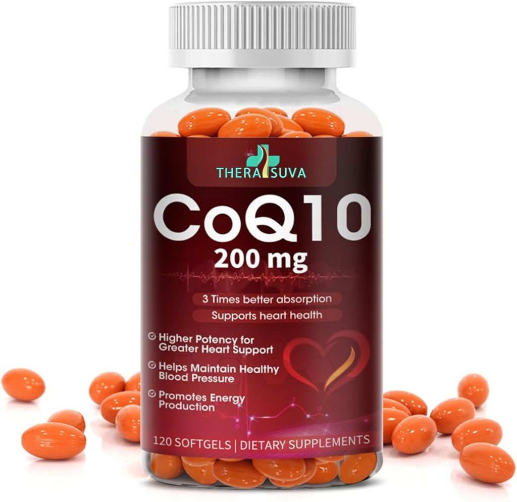 高吸附性CoQ10 200 mg – Gluten-Free Softgels for Heart, Stamina & Brain Support - 60 Day Supply, 120 Count