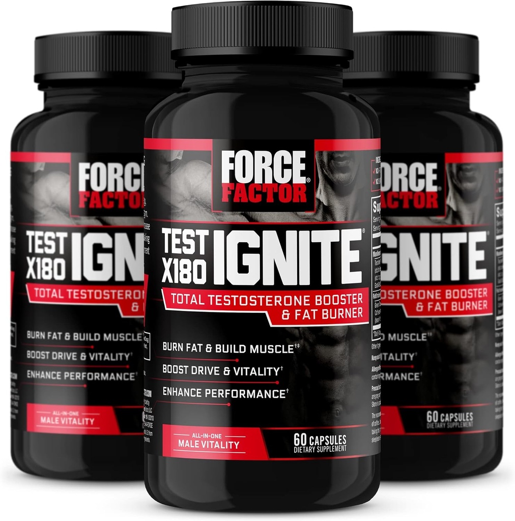 FORCE FACTOR 测试 X180 Ignite, Testosterone Boster & Fat Burner for Men, Testosterone 补充帮助构建肌肉,增加能量,以及促进生命力和性能, 60 Counter (Pack of 3)