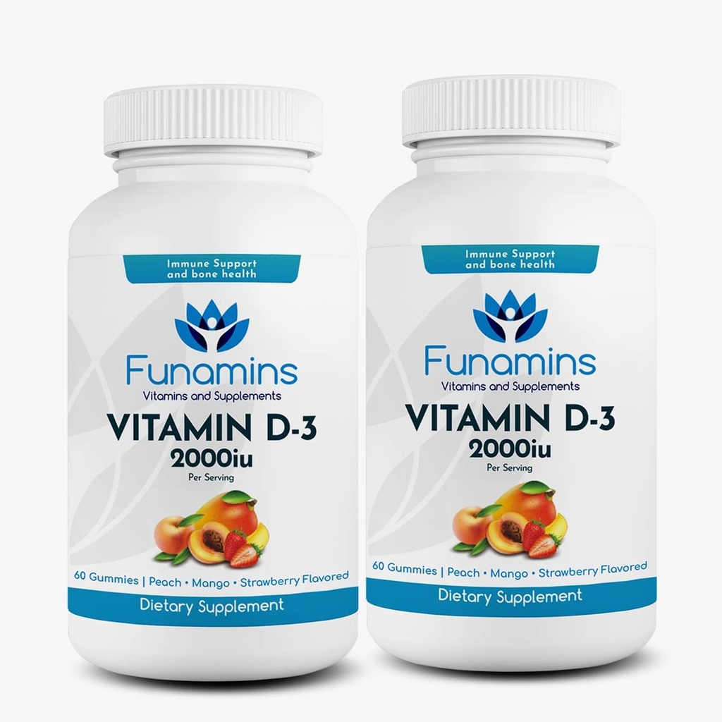 维生素D3 Gummys, 2-Pack, 每人60人, 每人2000iu, 支持免疫系统和骨骼健康; 儿童与成年人; 桃子、芒果、草莓火焰