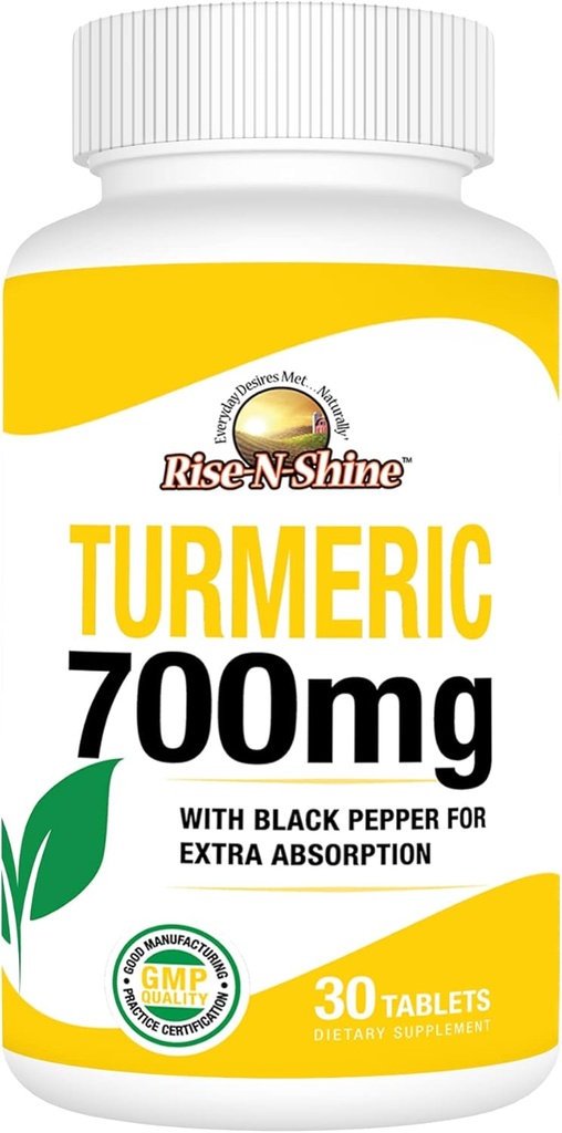 Rise-N-Shine 700 mg of Turmeric Curcumin with Black Pepper - 皮肤和联合支持草药补充剂 - 30天供应