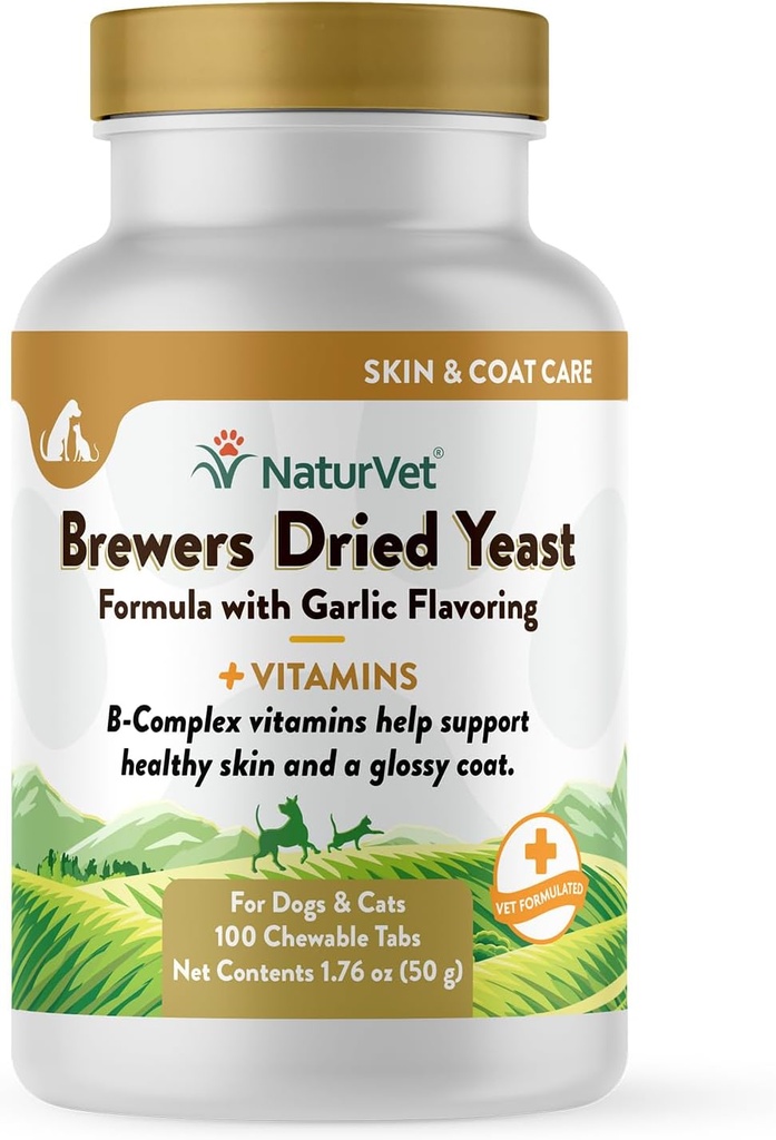 NaturVet Brewers Dried Yeast Formulaments 配有大蒜火焰加维生素的狗和猫,可嚼的药片,美国制造,配有全球源成份100计数