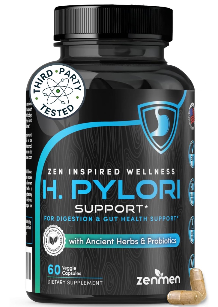 Zenmen H. Pylori Support ++ 乳腺增生剂,配有塑料胶片用于消化和GI健康——第三方测试,60 Vegan Capsules,美国制造