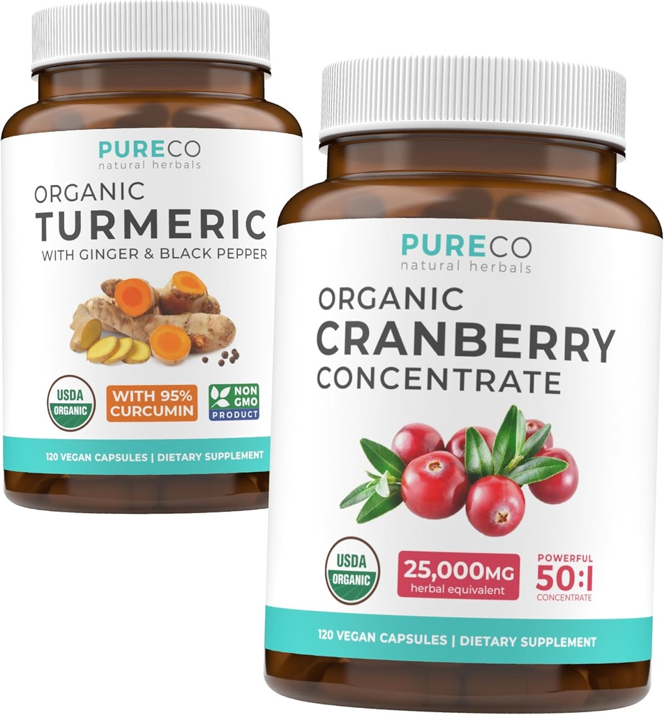 Turmeric & Cranberry 聚焦( 4- Month Supply) 有机Turmeric Curcumin Bundle 与 Black Pepper & Ginger( 120 Caps) 和有机 Cranberry 聚焦 50: 1 提取( 120 Caps)