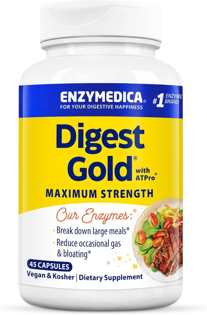 Enzymedica Digest Gold + ATPro, 最大强度酶公式, 防止凝聚和气体, 14个关键酶, 包括Amylase, Protease, Lipase和Lactase, 45 Capsules (FFP)