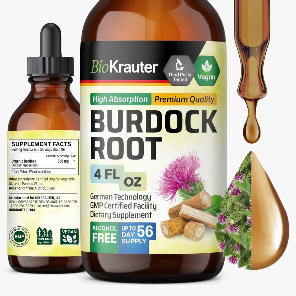 BIO KRAUTER Burdock root Tincture - 抗氧化剂支持液体补充剂 - Burdock root 提取剂 - 无酒精和糖 - Vegan Drops 4 Fl.Oz.