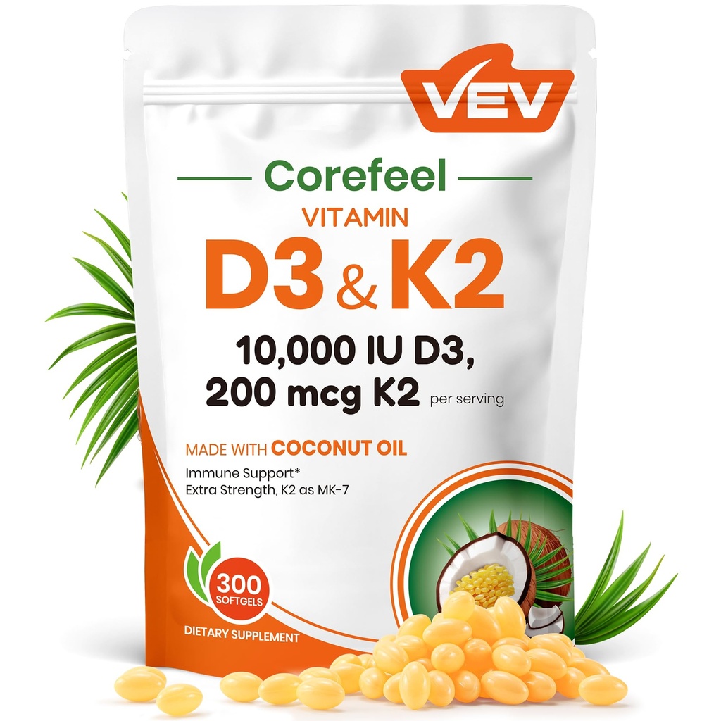 VEV Corefeel Vitamin D3 K210,000 IU,200 mcg MK-7,300 椰油软胶,2 in 1 Vitamins Supplement D & K (Include MK7), 容易吞咽,支持钙吸收,骨质健康