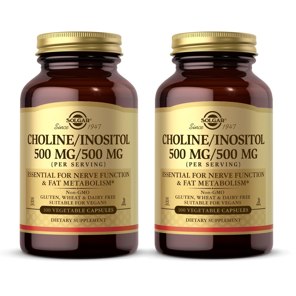 Solgar Choline/Inositol 500 mg/500 mg,100 蔬菜罐头(包2) - 能量代谢、肝脏健康、脑和神经功能必需-非GMO、Vegan、Kosher-100 总服务量