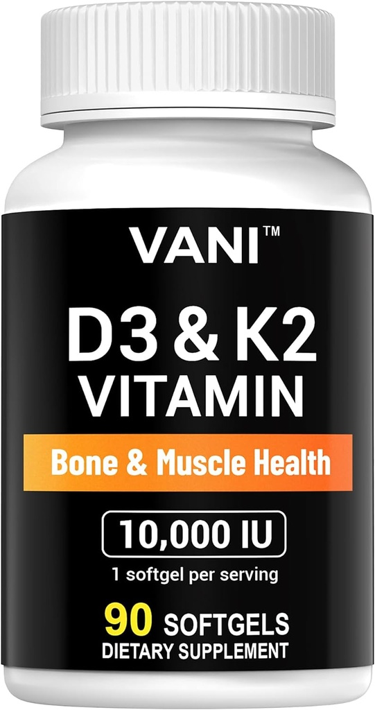 VANI 维生素D3(1000iu/250mcg)+ K2(作为Mk7),用于骨骼和肌肉及牙齿健康,90 SOFTGELS