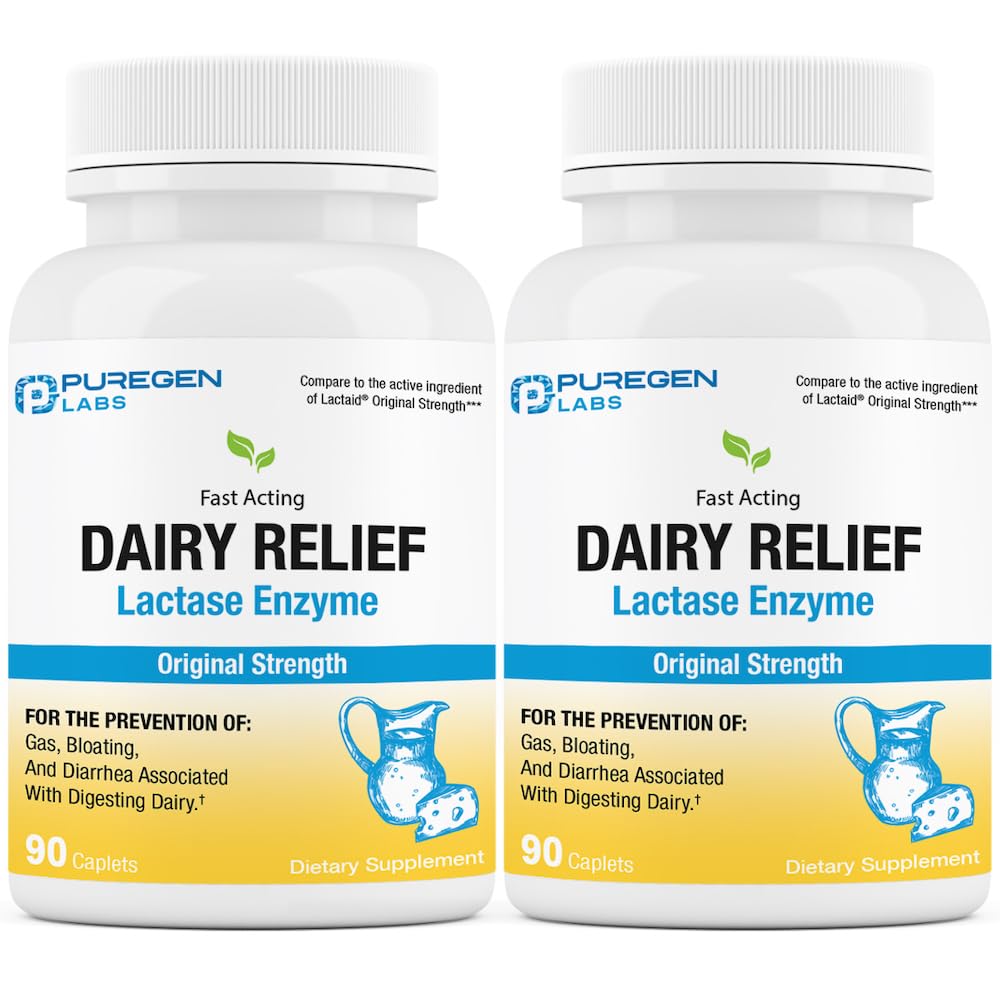 Puregen Labs 乳品救济 天然快速乳糖酶 3000 FCC 乳糖耐受药丸 | 2 Pack - 180 Caplets 共计