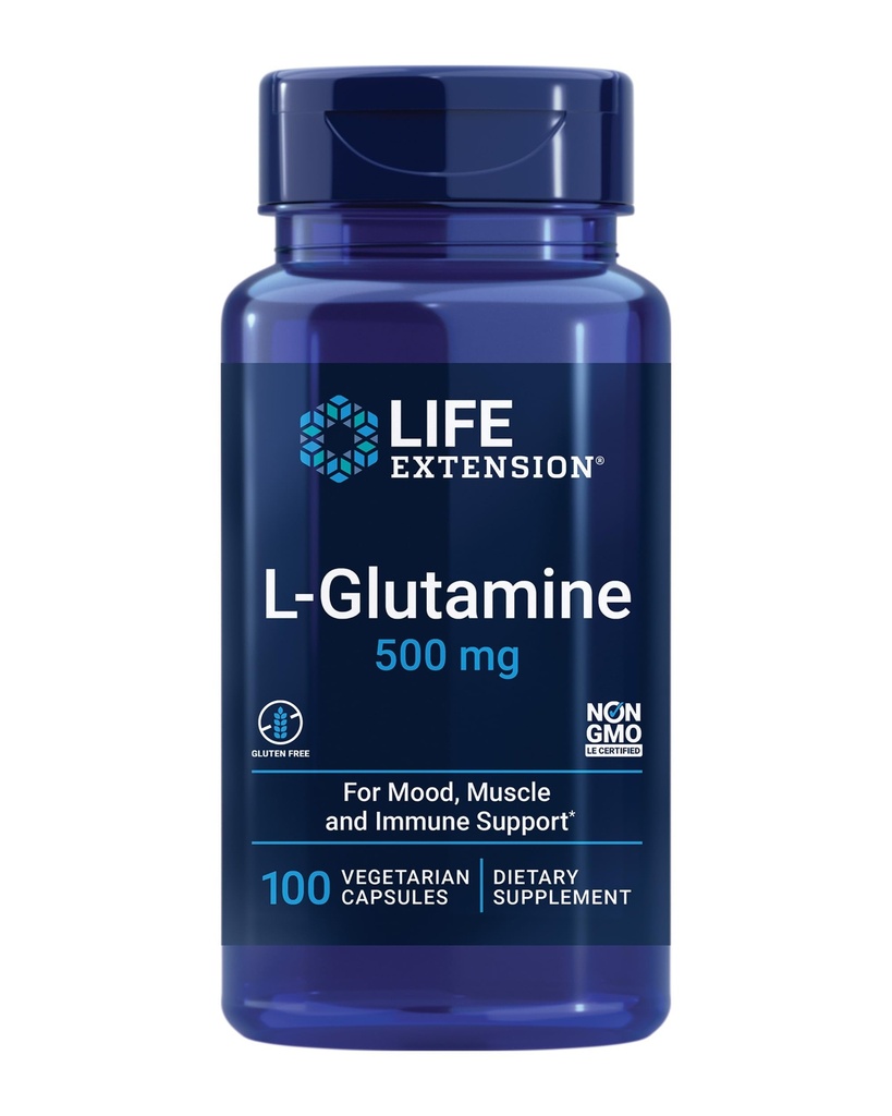 寿命延长L-Glutamine、500毫克L-glutamine、氨基酸、支持肌肉健康和免疫健康、无葡萄糖、非GMO、100个植物卡普尔