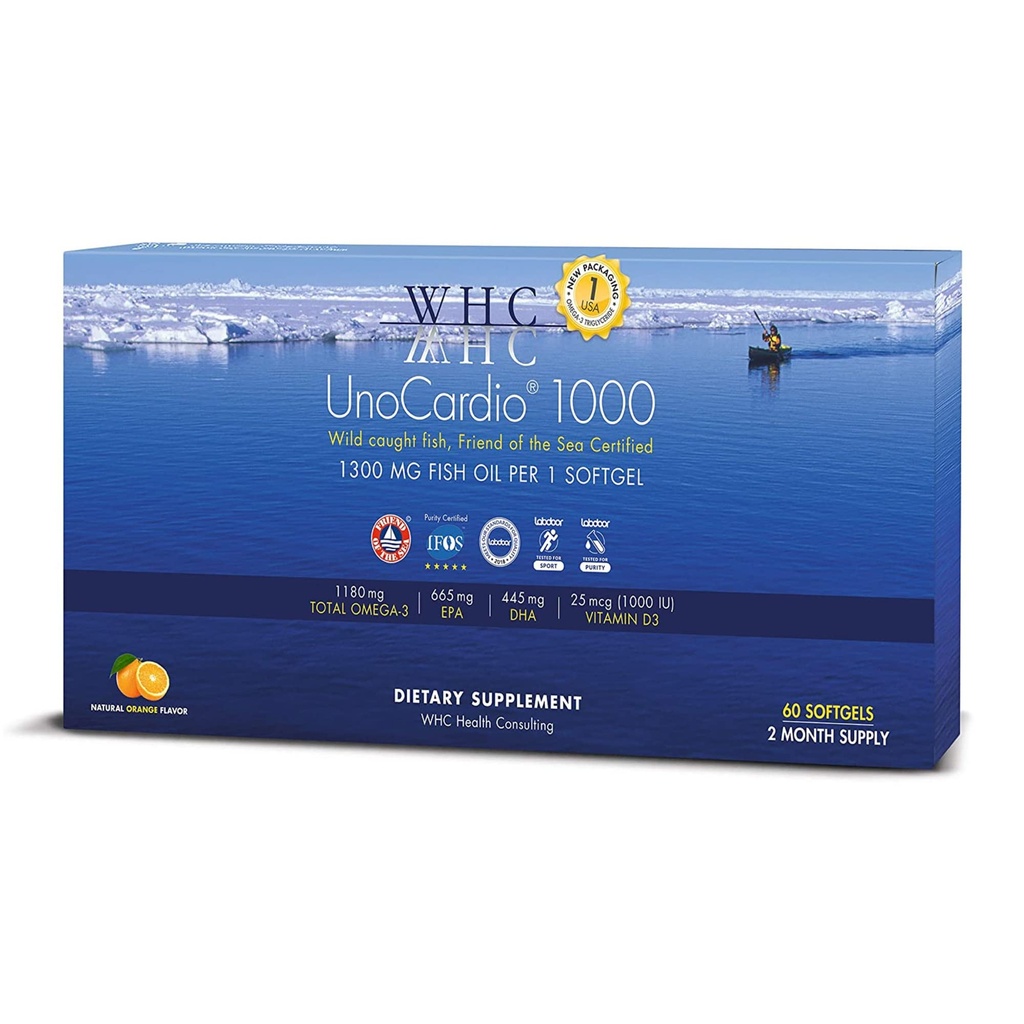 WHC、UnoCardio 1000鱼油、纯Triglyceride鱼油含Omega-3(1 180毫克)、665毫克EPA和445毫克DHA和25毫克(1 000 IU)维生素D3/软胶、天然橙、60软胶