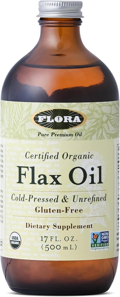 Flora - Flax Oil - Cold-Pressed, Unrefined, 有机Flax Eil - 含有Omega-3 & Omega-6 - 非GMO & Gluten - Free - Keep Chilled - 17 f.z. 琥珀玻璃瓶