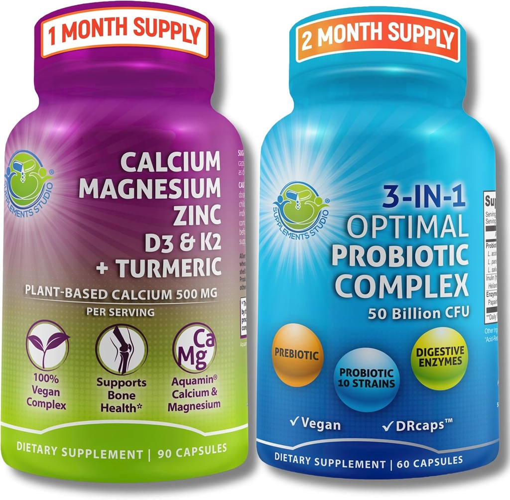 Bone Health & Gut Support Bundle – 3-in-1 Probiotic 50亿 CPU, Prebiotic and Digestive Ezymes + 植物基钙,镁,锌,D3,K2 & 有机图尔姆 – Vegan, Non-GMO, 清洁标签