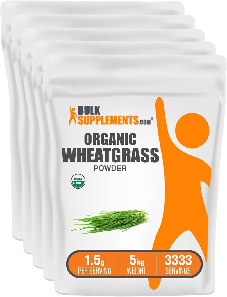 Bulk Assupports.com 有机麦草粉 - 有机超级绿皮粉,超级食品 补充品 - Vegan & Gluten Free,每服1.5g, 1kg (2.2磅) (Pack of 5)