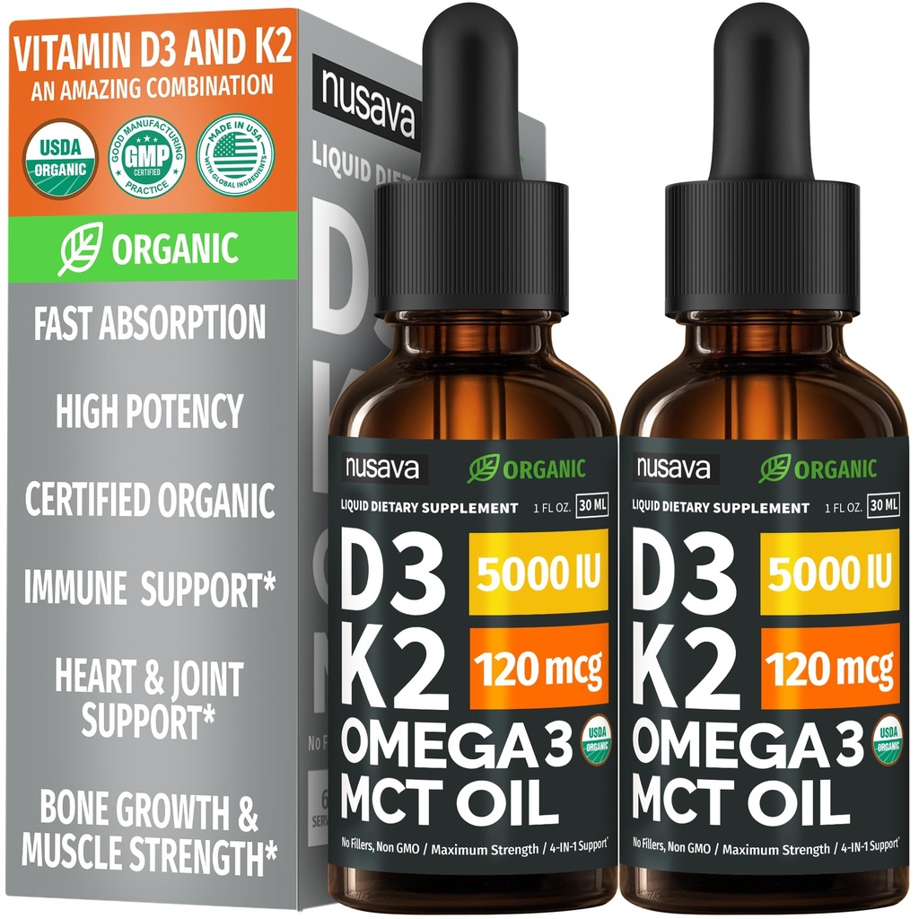 (2包)有机维生素D3 K2 与MCT Oil Omega 3,5000 IU-液态D3,无填充器,非GMO,免疫支持(不味,2 Fl Oz)