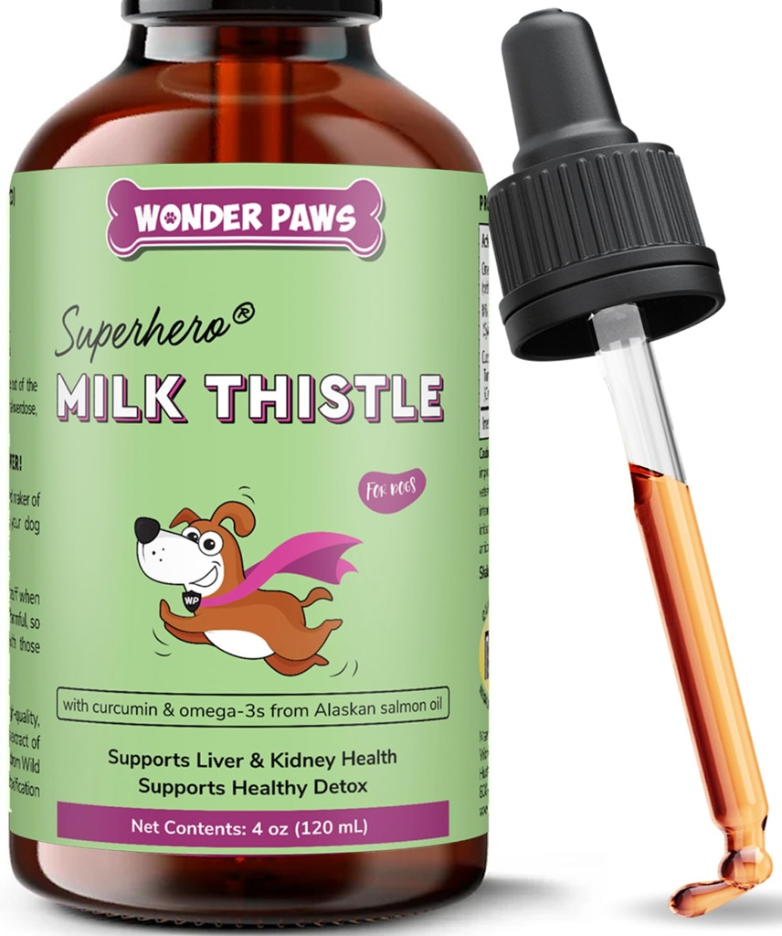 Wonder Paws Milk Nattle,Liver 支持狗,支持宠物的肾功能,Detox,肝支持,与野生阿拉斯加沙门油 & Curcumin,Omega 3 EPA & DHA (4 Oz)